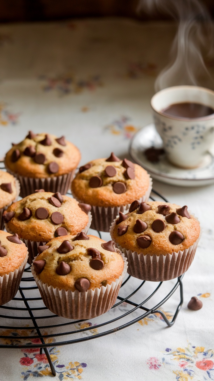 Freshly baked chocolate chip muffins cooling on a rack with chocolate chips on top, surrounded by a cozy kitchen setting.